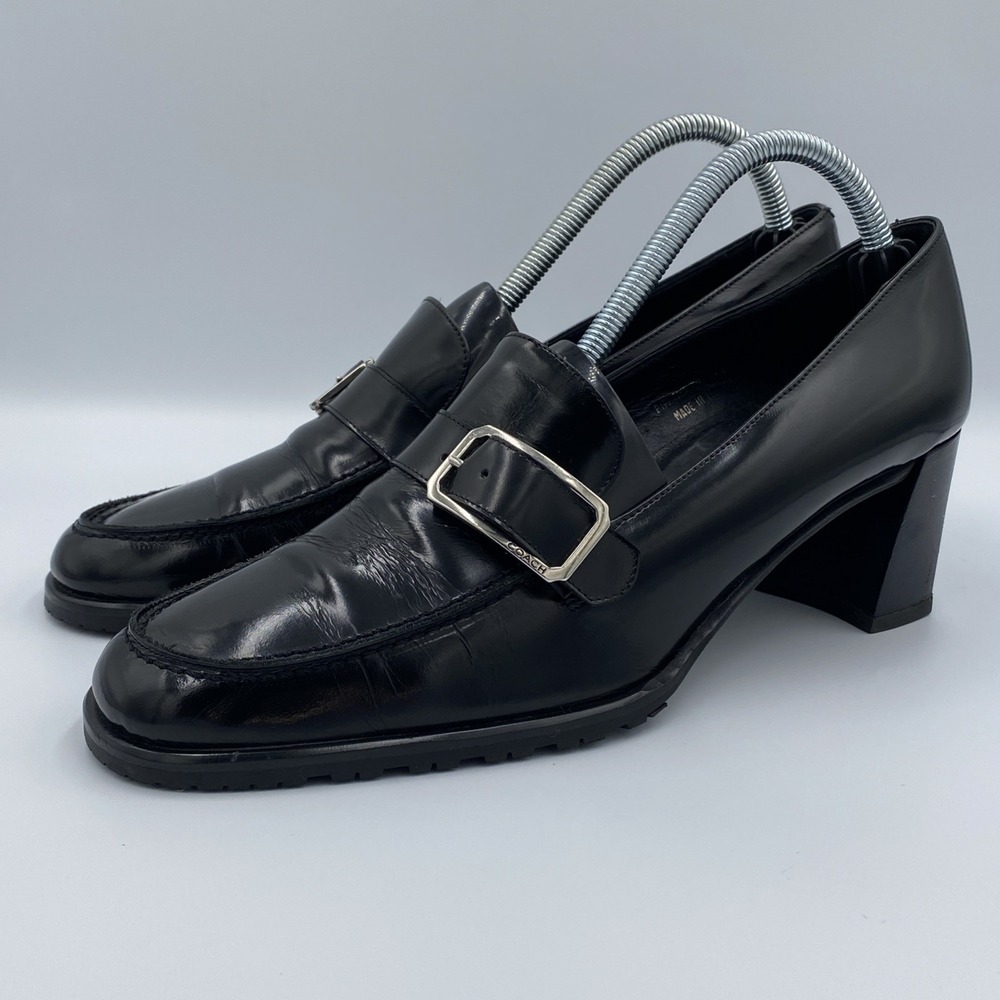 Vintage Coach Women's 10 Black Leather Buckle Block Heel Loafer Pumps Made Italy